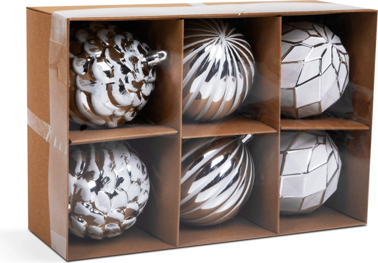 Set Weihnachtsbaumkugeln in Weiß und Silber, 6 Stück