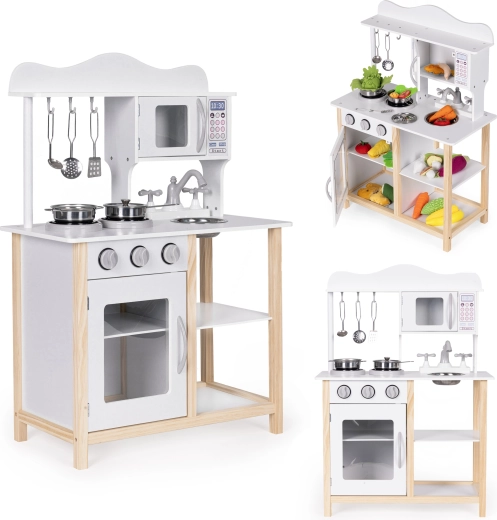 Weiße Kinderküche aus Holz mit Backofen und Zubehör Ecotoys