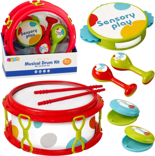 Set aus Kinder-Musikinstrumenten: Trommel, Rasseln, Tamburin und Kastagnetten
