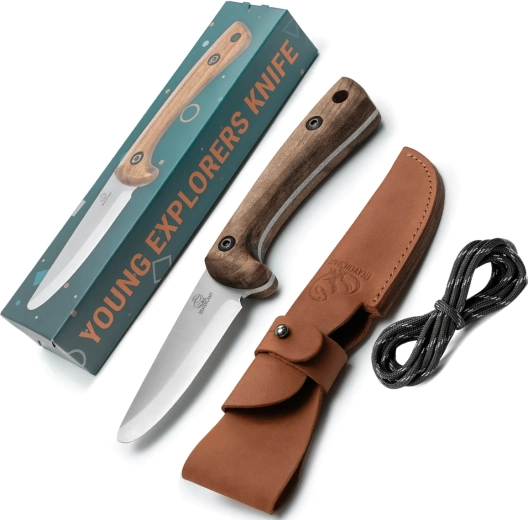 Kindermesser für Bushcraft mit angelassener Kohlenstoffstahlklinge und Lederscheide
