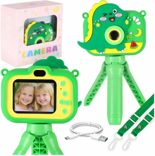 Digitaler Kinderfotoapparat mit Dino-Design auf Stativ – grün
