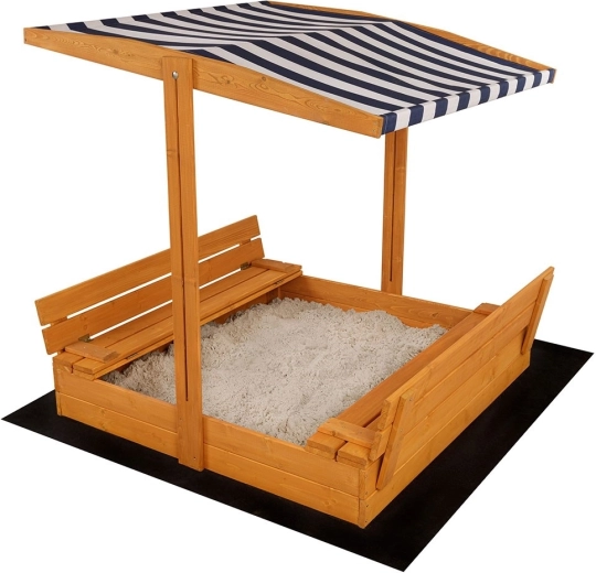 Verschließbarer Holz-Sandkasten mit Bänken und Dach BABY MIX 120 × 120 cm blau‑weiß