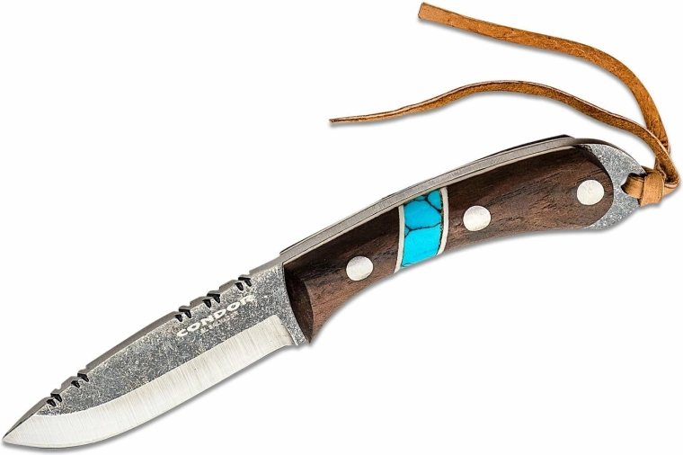 Halsmesser CONDOR Blue River 5,9 cm, Walnussholz, Türkis, Lederscheide