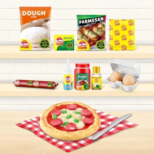Realistisches Schichten der Pizza aus verschiedenen „Zutaten“