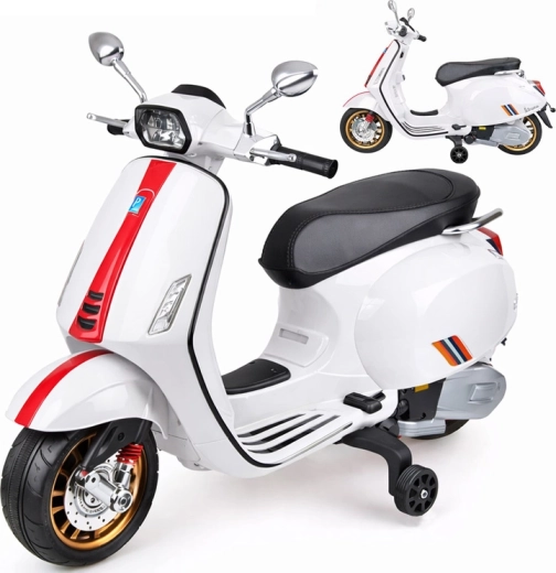 Elektrischer Kinderroller VESPA mit Melodien und Stützrädern – Weiß