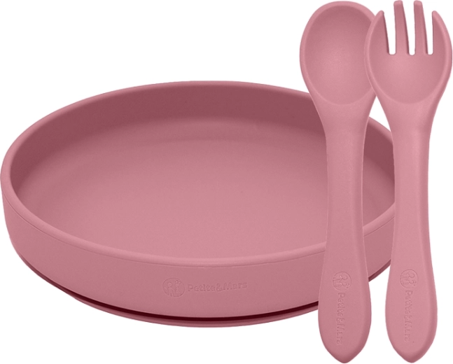 Silikon-Essset Petite&Mars Take&Match – Teller mit Saugnapf und Besteck Dusty Rose (6m+)