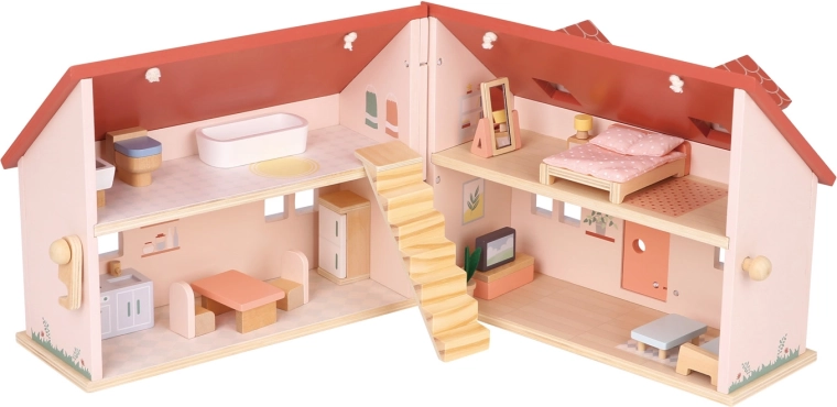 Aufklappbares Holzpuppenhaus mit Möbeln