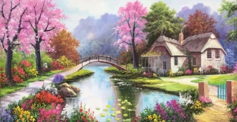 Diamantmalerei – Idyllische Siedlung am Fluss 80 × 40 cm