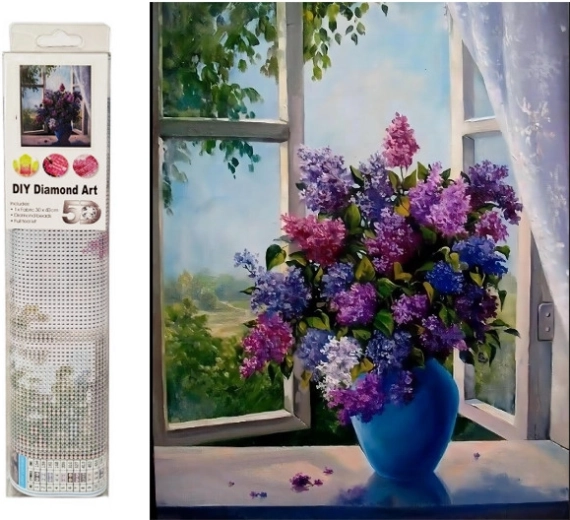 Diamantmosaik – Flieder in einer Vase am Fenster