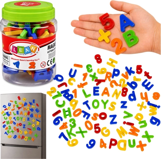 Magnetische Buchstaben, Zahlen und mathematische Zeichen im Glas – 79 Teile