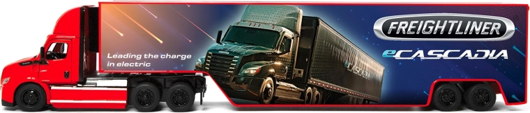 Metall-Lkw Freightliner eCascadia mit Container 33 cm