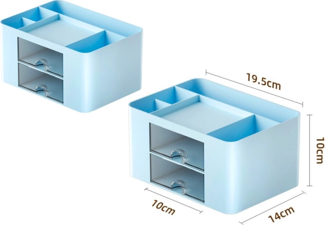 Organizer für den Tisch mit blauen Schubladen