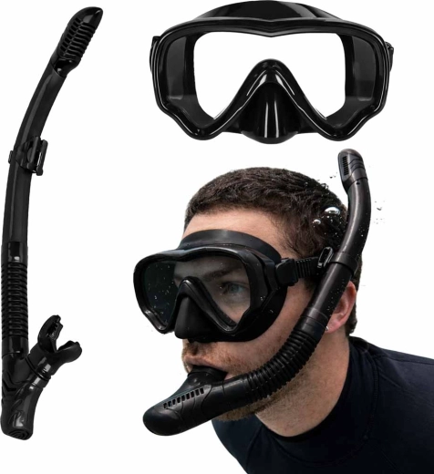 Schnorchelset – schwarze Maske mit Panoramaglas und Trockenschnorchel