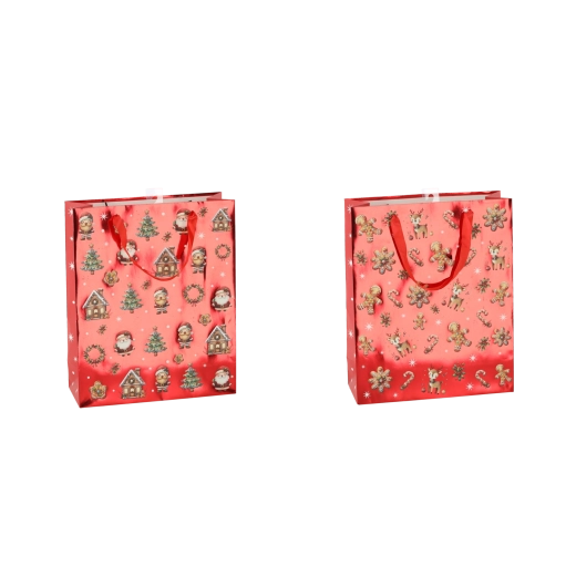 Weihnachtliche Geschenktasche mit Lebkuchenmotiv 18 × 24 × 8 cm, Set mit 12 Stück
