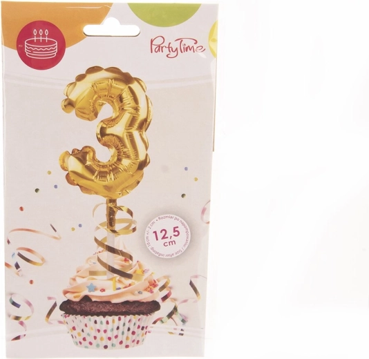 Folienballon Zahl 3 mit Tortenmotiv, gold, 12,5 cm