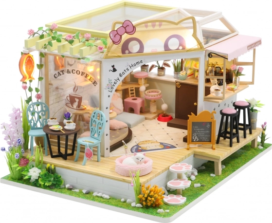 Miniaturhaus Katzen-Café mit Garten – DIY-Bausatz mit LED