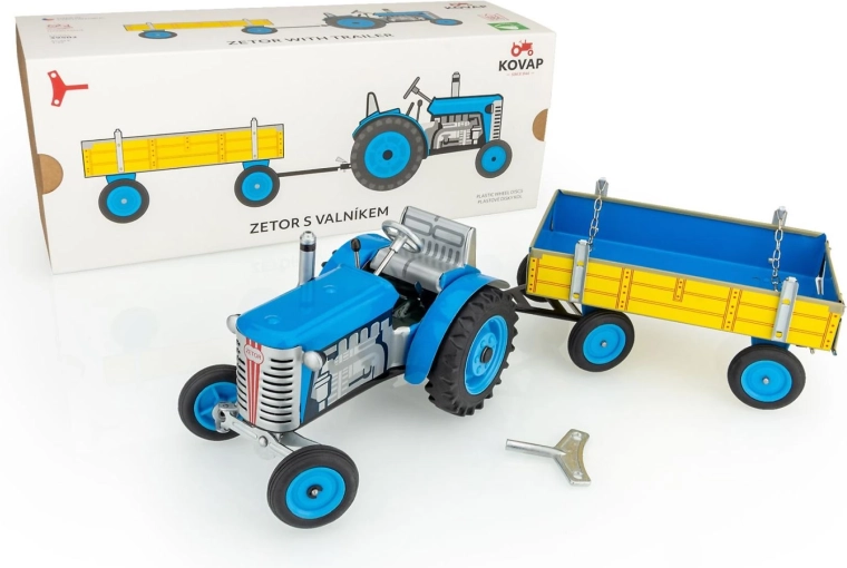 KOVAP Metalltraktor Zetor mit Anhänger zum Aufziehen 28 cm – Blau