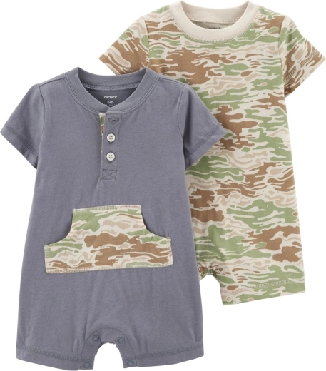Carter's sommerlicher Baumwoll-Overall mit kurzem Ärmel für Jungen, 2 Stück, grau-grün, Größe 56 (NB)