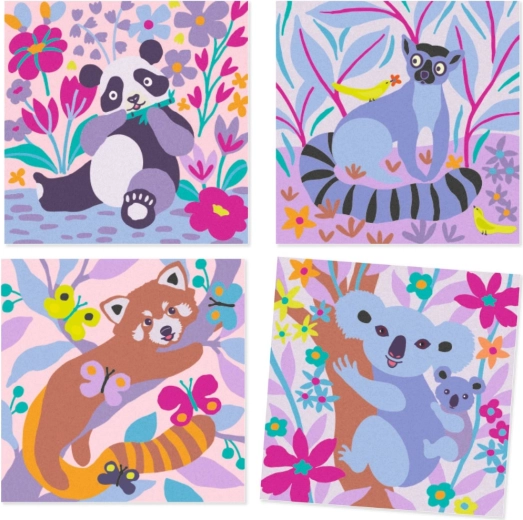 Vier Illustrationen mit Tieren