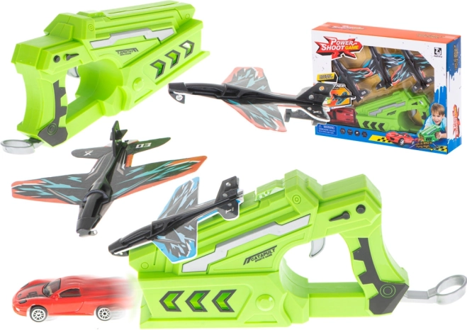Abschusspistole mit Flugzeugen und kleinem Auto – 2-in-1-Set (3 Flugzeuge + Auto)