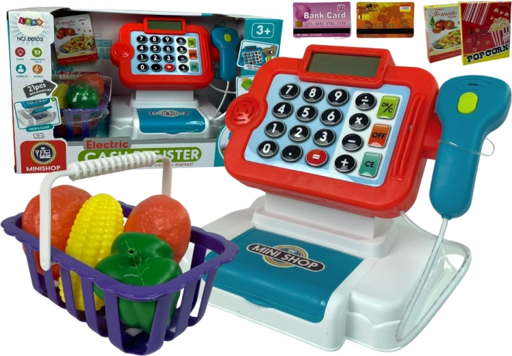 Kinderkasse mit Taschenrechner und Gemüsekorb