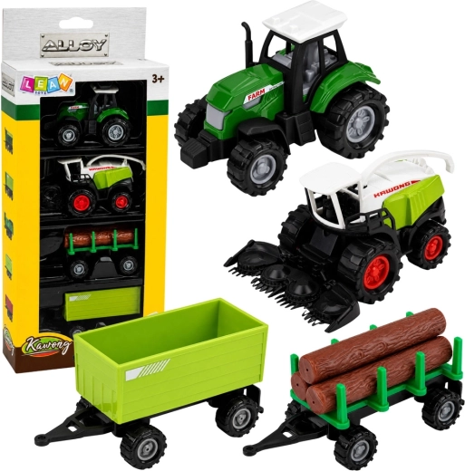 Set landwirtschaftlicher Fahrzeuge 1:68 – Traktor, Häcksler, Anhänger und Holztransporter (4 Stk.)
