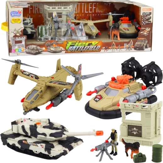 Militär-Set – Hubschrauber, Panzer und Luftkissenboot mit Soldaten und Basis mit Licht und Sound