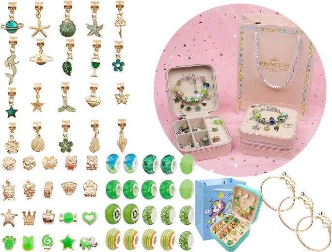 Set zum Basteln von Schmuck und Armbändern mit Anhängern in Grüntönen