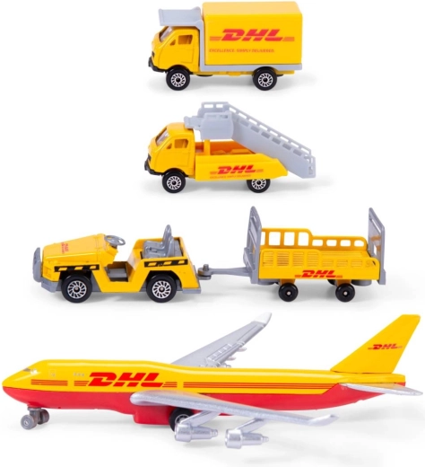 Flugzeug und DHL-Flughafenfahrzeuge