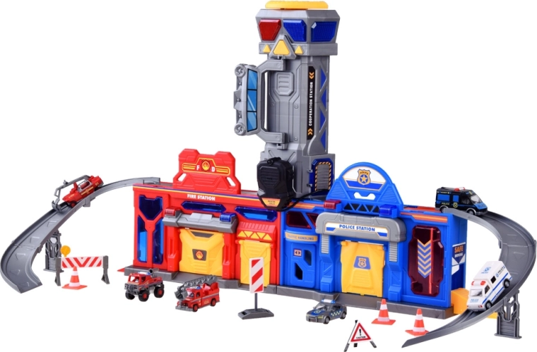 Mega Garage 2in1 Polizei und Feuerwehr mit Aufzug