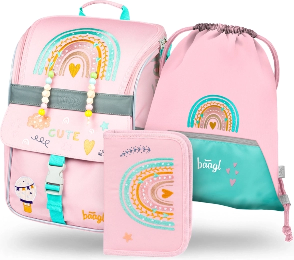 BAAGL Schulset Zippy Regenbogen Rosa – Schulranzen, Federmäppchen und Beutel