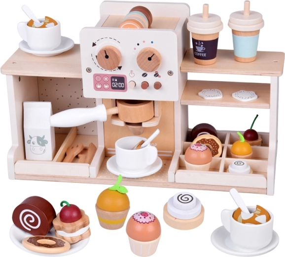 Kinder-Café aus Holz mit Kaffeemaschine und Desserts