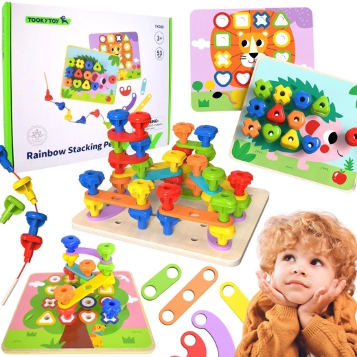 TOOKY TOY Montessori multifunktionales Motorikbrett mit bunten Schrauben