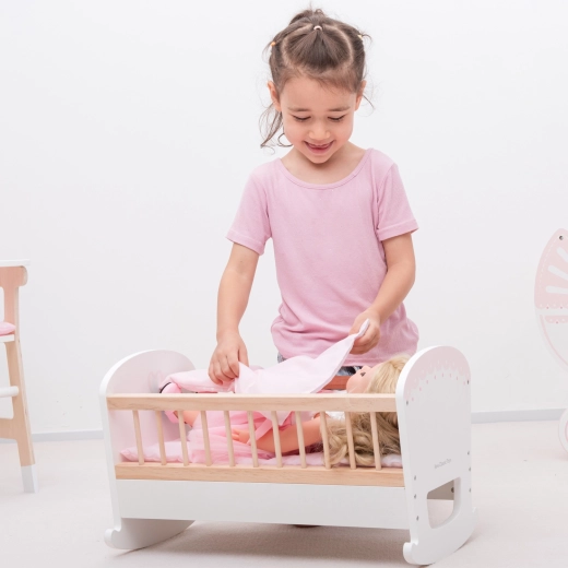 Holz-Wiege für Puppen mit Matratze, Decke und Kissen