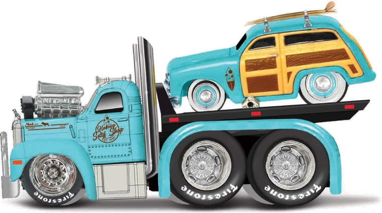 Maisto Muscle Transports 1953 Mack B-61 Pritschenwagen mit 1950 Ford Woody 1:64