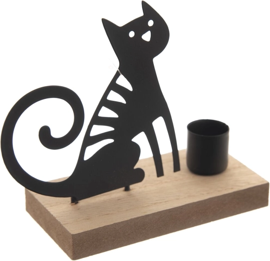 Kerzenhalter aus Holz und Metall Katze braun-schwarz