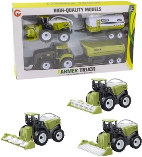 Set landwirtschaftlicher Fahrzeuge: Mähdrescher und Traktor mit Anhängern