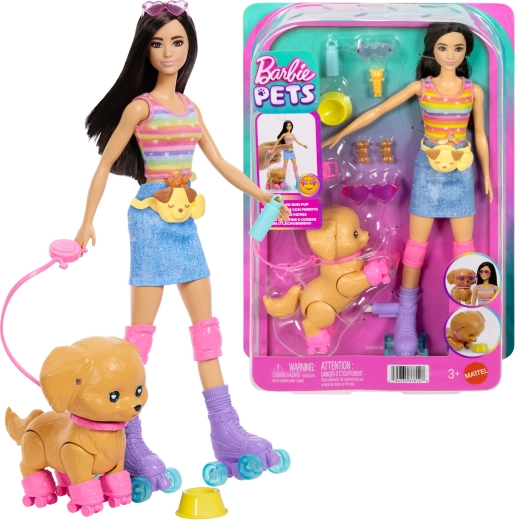 Barbie Pets – Puppe auf Rollschuhen mit Welpen und Zubehör