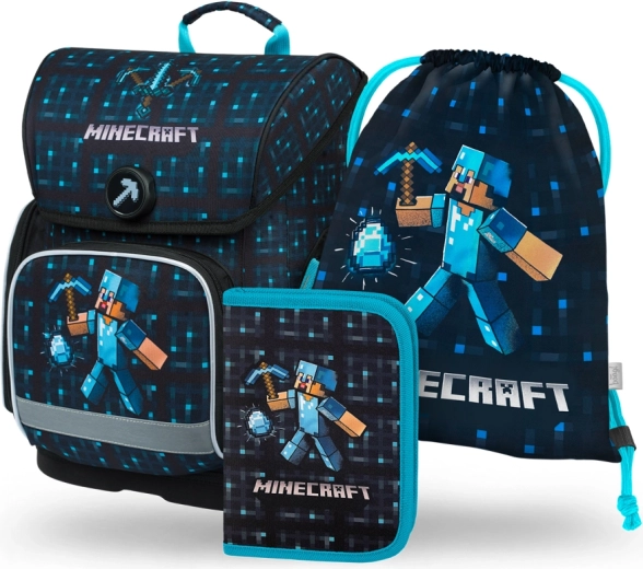 BAAGL 3 SET Ergo Minecraft Blue Axe: Schulranzen, Federmäppchen, Beutel