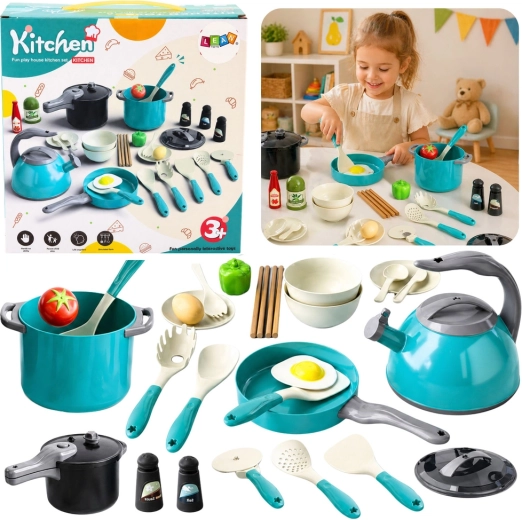 Kinderküchenset mit Geschirr und Lebensmitteln, 33-teilig