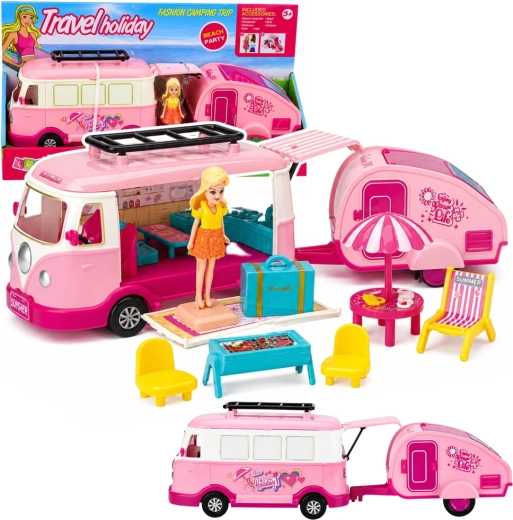 Rosa Reise-Camper mit Anhänger, Puppe und Campingausrüstung