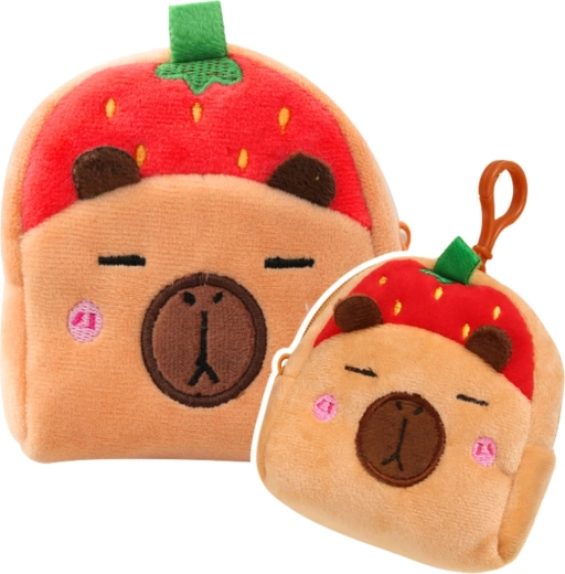 Plüsch-Geldbörse mit Clip Capybara Erdbeere rot 9,5 × 8 cm