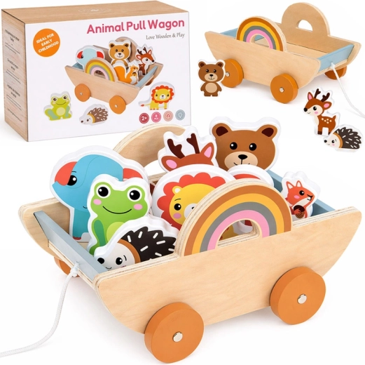 Hölzerner Ziehwagen mit 7 Tierfiguren