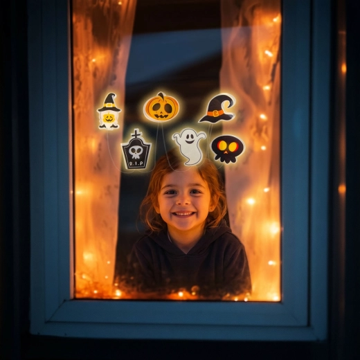 Halloween-LED-Fensterdekoration mit Gel-Kürbissen, 85 cm