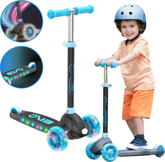 EVO Eclipse Kinder-Dreiradroller mit LED-Rädern und Trittbrett, verstellbare Höhe, blau