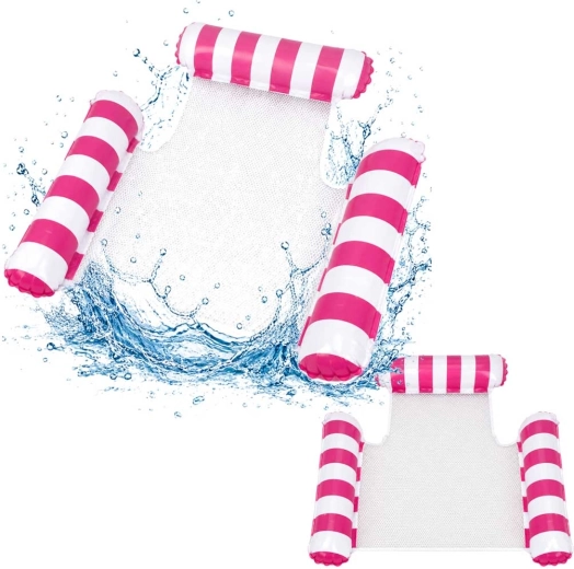 Aufblasbare Wasserhängematte mit Kopfstütze und Netz in Weiß-Rosa