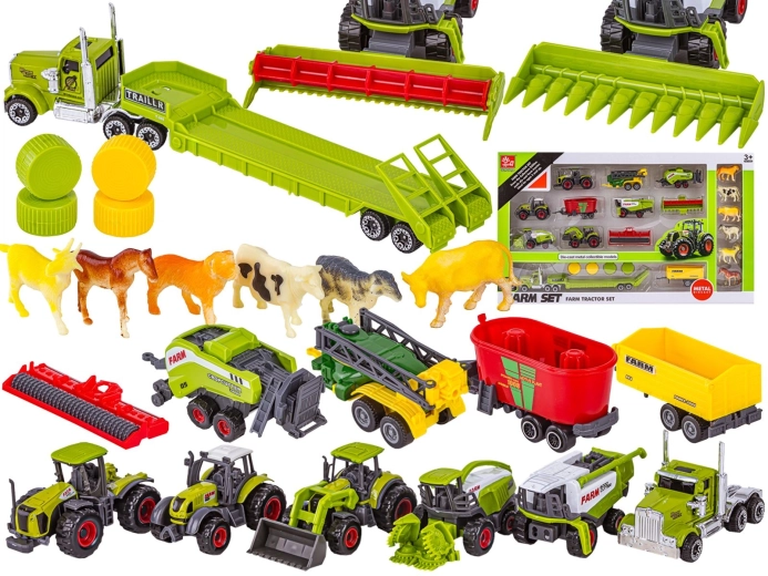 Set landwirtschaftlicher Maschinen für den Bauernhof mit Traktoren, Mähdrescher und Tieren