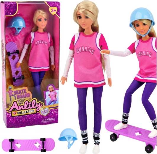 Anlily Skateboarderin – Puppe mit lila Skateboard und Helm, 30 cm