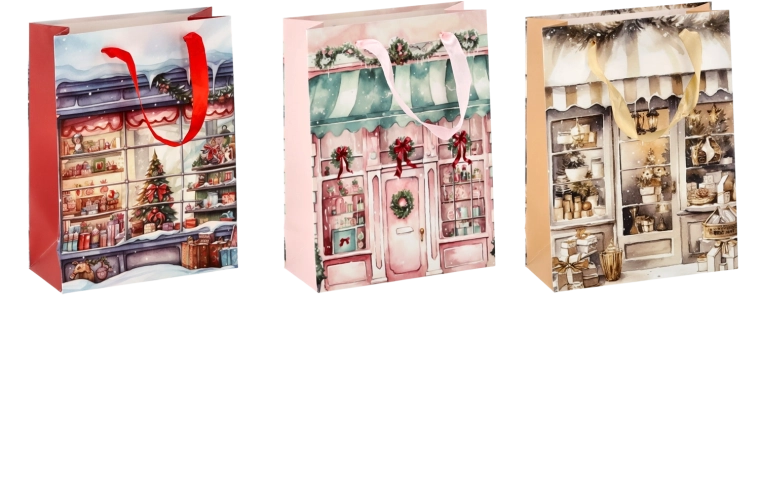 Weihnachtliche Geschenktasche mit Häuschenmotiv 18 × 24 × 8 cm