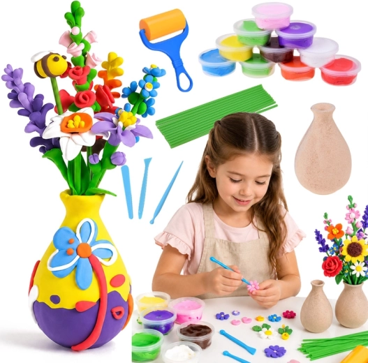 Kreatives DIY-Set zum Herstellen von Blumen aus leichter, selbsttrocknender Modelliermasse mit Vase (28 Teile)